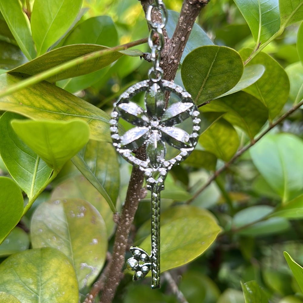 NWT Flowered Silver Key Keychain with Rhinestones - Picture 4 of 6